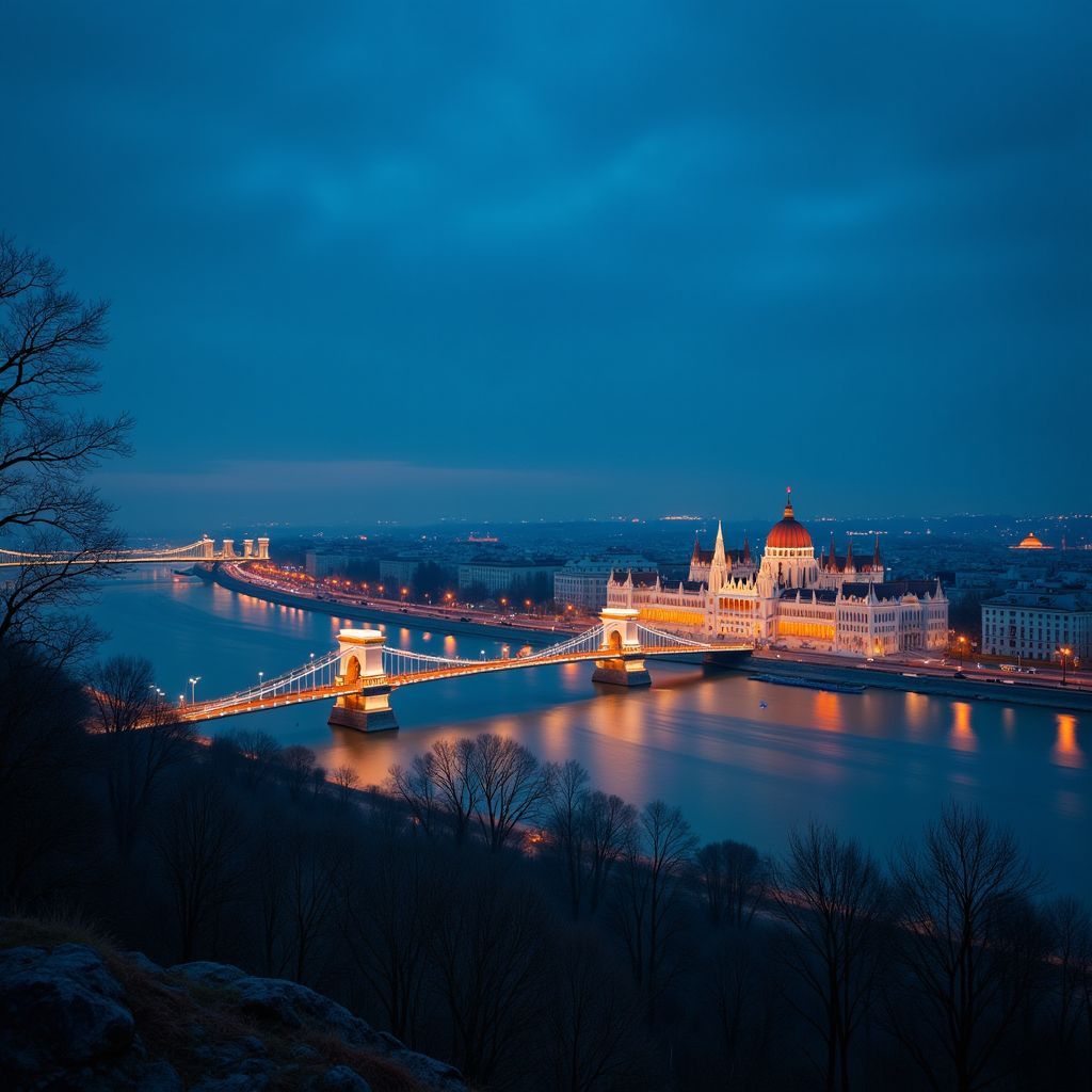 Trance AI Album Cover — An ethereal night photograph of Budapest, showcasing the illuminated Chain Bridge and Hungarian Parliament from an aerial view over the Danube river, reflections of city lights shimmering on the water; deep blue sky with a natural city glow, subtle mist above the river, cinematic long-exposure photography style, high dynamic range, photorealistic, 8k resolution, dreamy and vibrant atmosphere