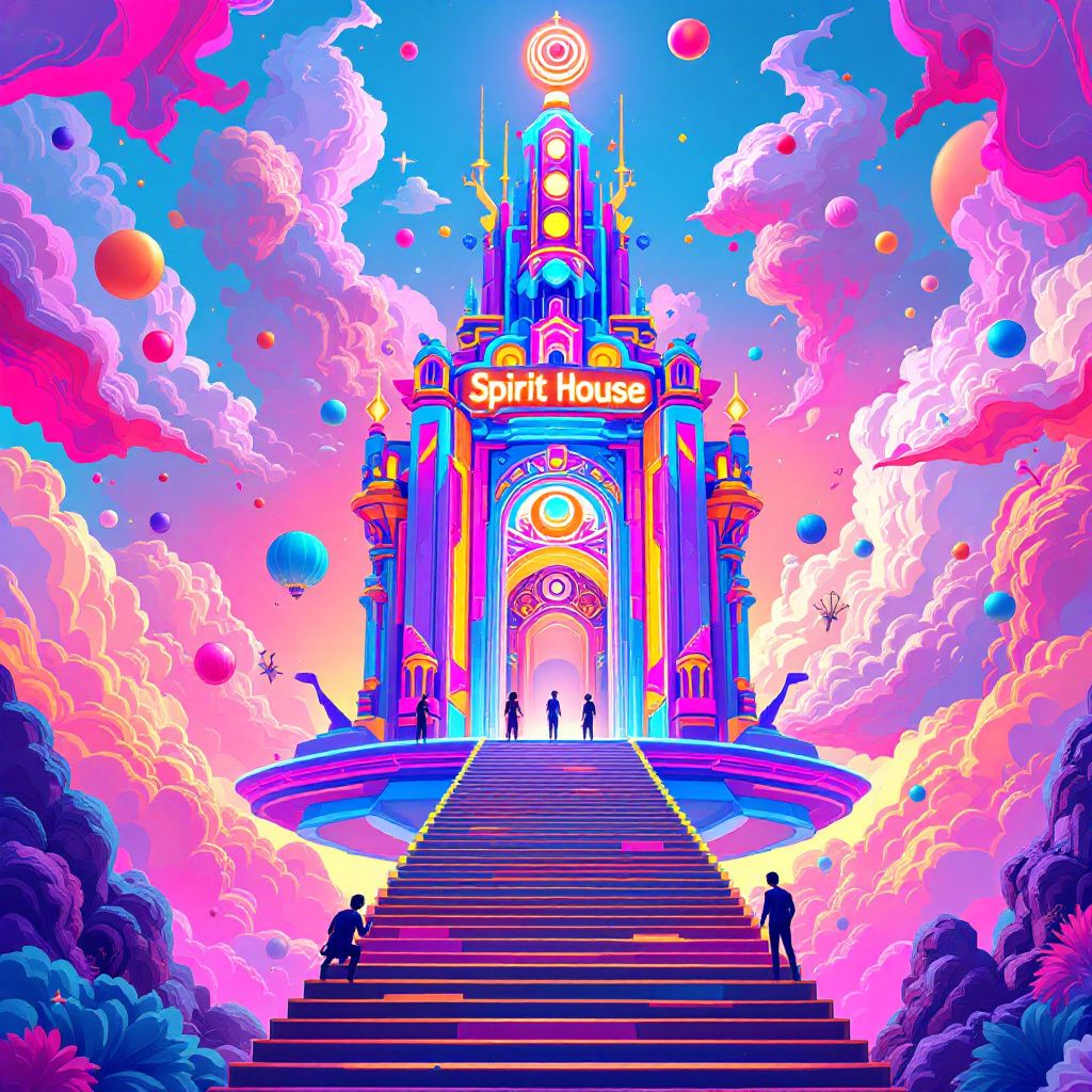 House AI Album Cover — A futuristic temple floating in the sky, constructed of neon pillars and playful geometric shapes; colorful ornaments and abstract forms dancing around it, cartoonish surreal figures on the steps, vibrant explosive colors in the sky (pink, purple, cyan, orange), glowing neon title 'Spirit House', high quality, 8k resolution, professional