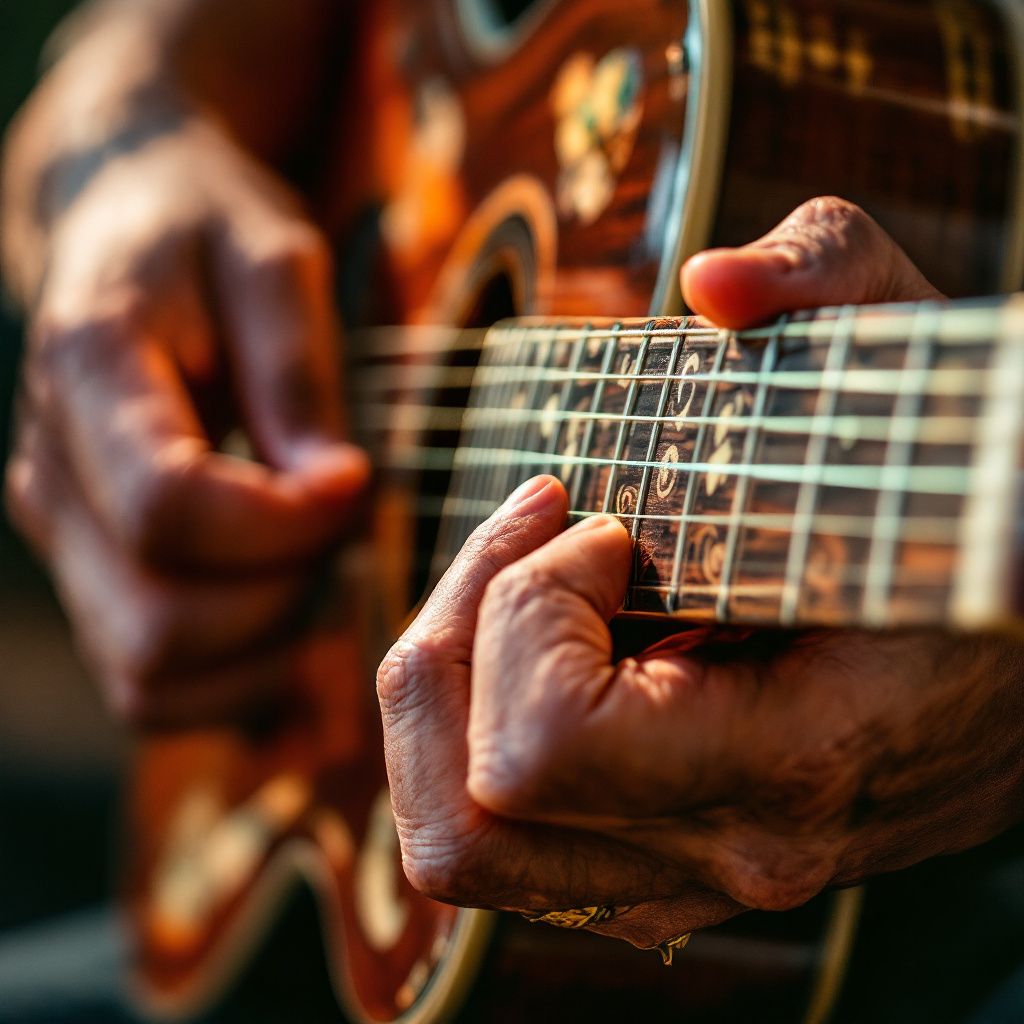 Reggae AI Album Cover — A close-up of a reggae musician playing a guitar, minimalist style, focus on hands and instrument, warm tones, natural light, intricate textures, photorealistic, high quality, 8k.
