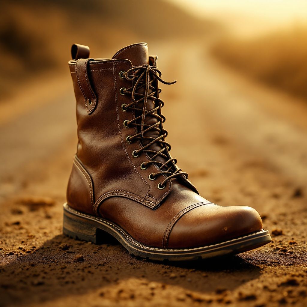 Blues AI Album Cover — A worn leather boot on a dusty road, classic blues aesthetic, warm sepia tones, minimalist design, sharp focus, professional quality photograph, 8k resolution