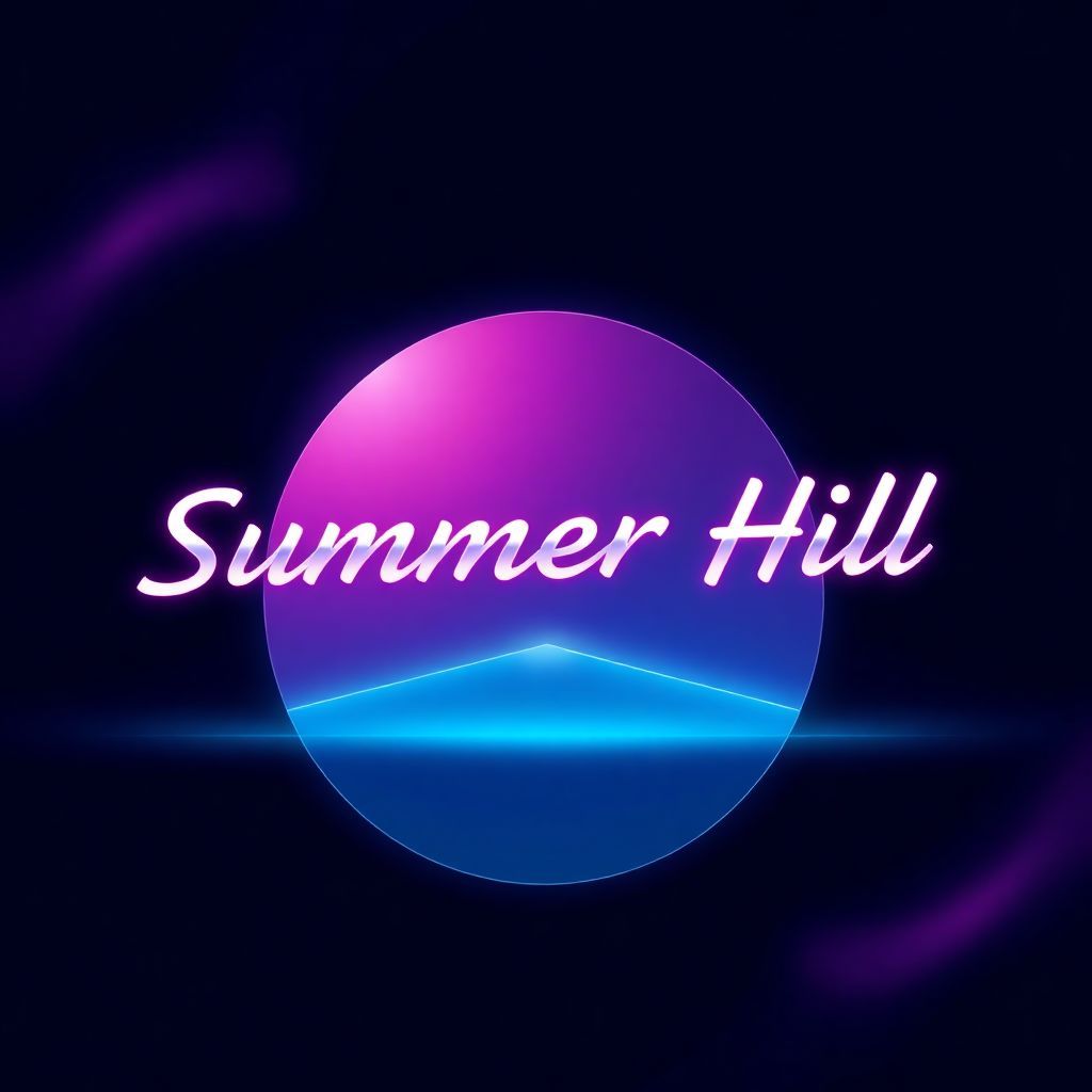 Electronic AI Album Cover — A sleek, minimalist album cover for 'Summer Hill' featuring a retro-futuristic design that subtly incorporates the title in an elegant font; vibrant yet sober color palette with shades of deep blue, contrasting light pink and silver accents; abstract shapes and light trails evoke a disco house vibe, high-quality 8k resolution, cinematic lighting, highly detailed and professional design