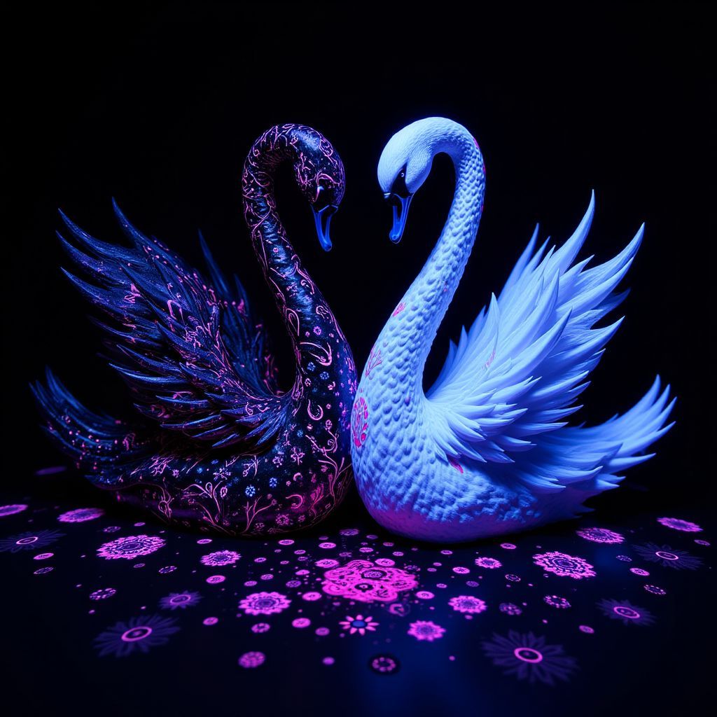 Pop AI Album Cover — An ornate illustration for an album cover depicting two black and white swans intertwined; surreal and ethereal style with vibrant blacklight effects, soft glow illuminating the swans against a dark, dreamy background; highly detailed, 8k resolution, symbolic and emotional atmosphere