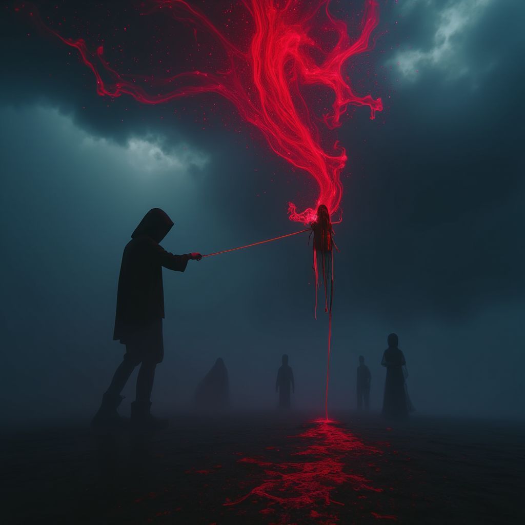 Rock AI Album Cover — A surreal album cover featuring a faceless figure pulling a glowing red thread through a stormy sky, smoke and fractures in the air, ghostlike silhouettes fading into fog, dark rock atmosphere, deep shadows, cold metallic tones, crimson highlights, painterly realism, highly detailed and moody, 8k resolution
