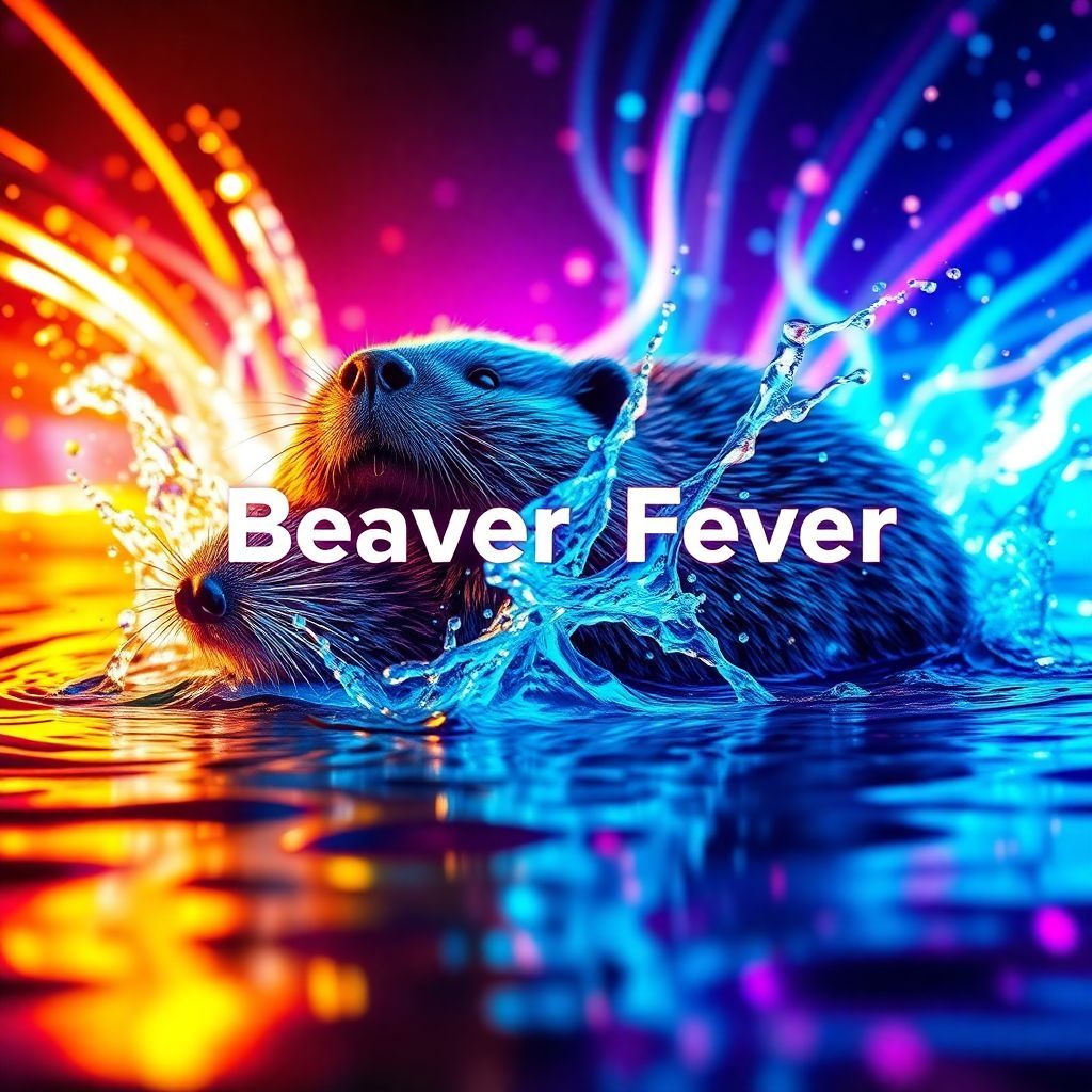 EDM AI Album Cover — An abstract EDM album cover titled "Beaver Fever", featuring a vibrant, psychedelic beaver splashing in water, bright neon colors with a dynamic flow of light, capturing movement and rhythm, highly detailed, 8k resolution, energetic atmosphere