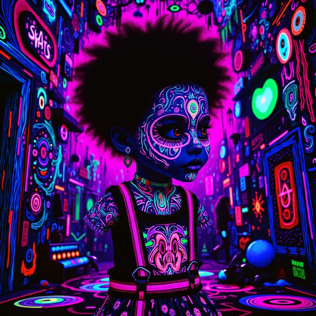 Afrobeat AI Album Cover — A beautiful illustration for an afrobeat album cover featuring a young kid dreaming big, surrounded by vibrant colors and abstract symbols of society's pressures; psychedelic style with glowing elements and a black light effect, highly detailed and dynamic composition, ethereal lighting, 8k resolution