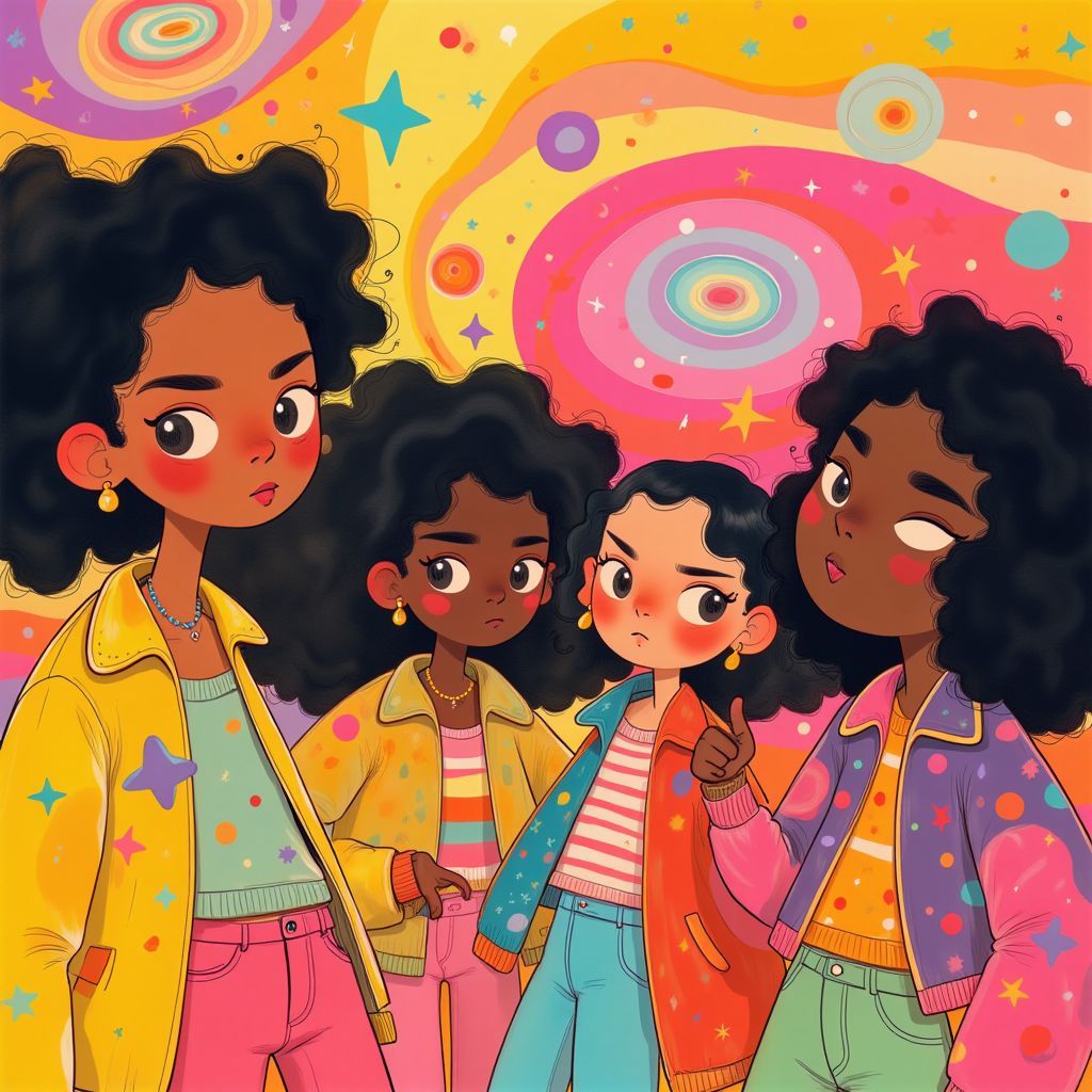 Funk AI Album Cover — A vibrant funk album cover featuring a joyful group of diverse musicians dancing under swirling psychedelic patterns and colorful lights; close-up aesthetic with exaggerated facial expressions, rich yellows, pinks and purples, highly detailed illustration, playful and lively vibe, 8k resolution