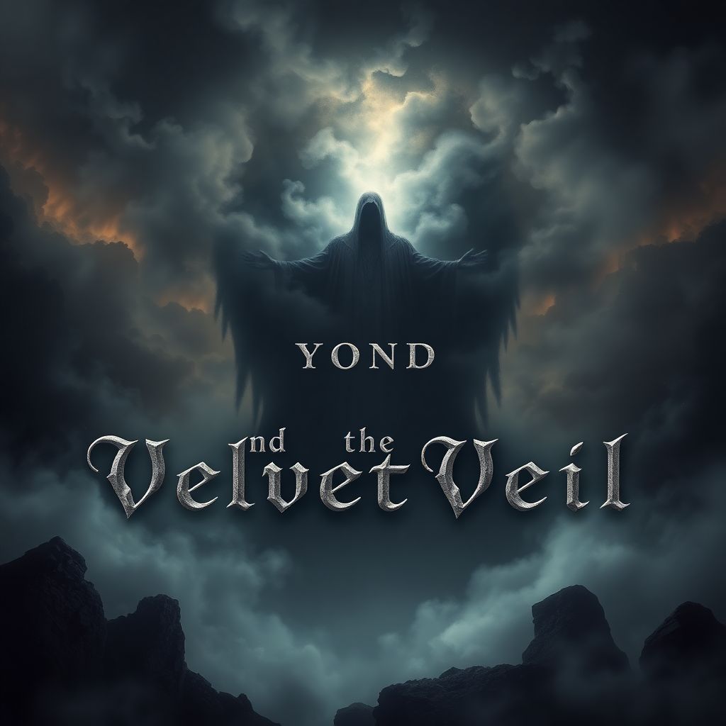 Metal AI Album Cover — A moody metal album cover featuring a dark, mystical landscape with a towering, shadowy figure emerging from a swirling mist; the title "Beyond the Velvet Veil" integrated into the mist with metallic lettering, rich gothic colors, ethereal lighting, highly detailed, 8k resolution, creating an ominous atmosphere.