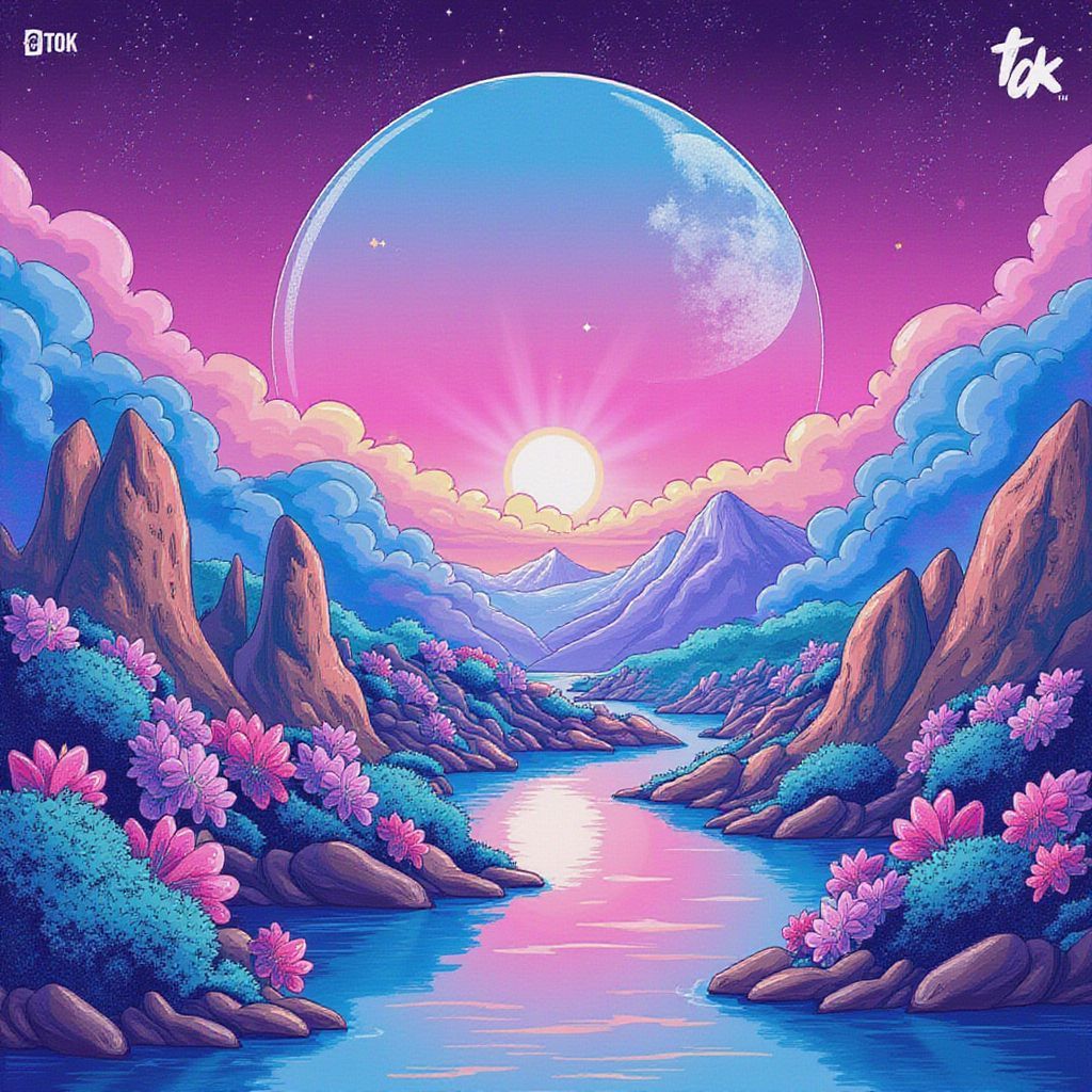 Trance AI Album Cover — An ethereal album cover for 'Mayday', featuring a hand-drawn surreal landscape with floating geometric shapes, vibrant colors blending into dreamy pastels; half photo-realistic, half illustration style, soft glowing lights and shadows, capturing the trance vibe, highly detailed, 8k resolution