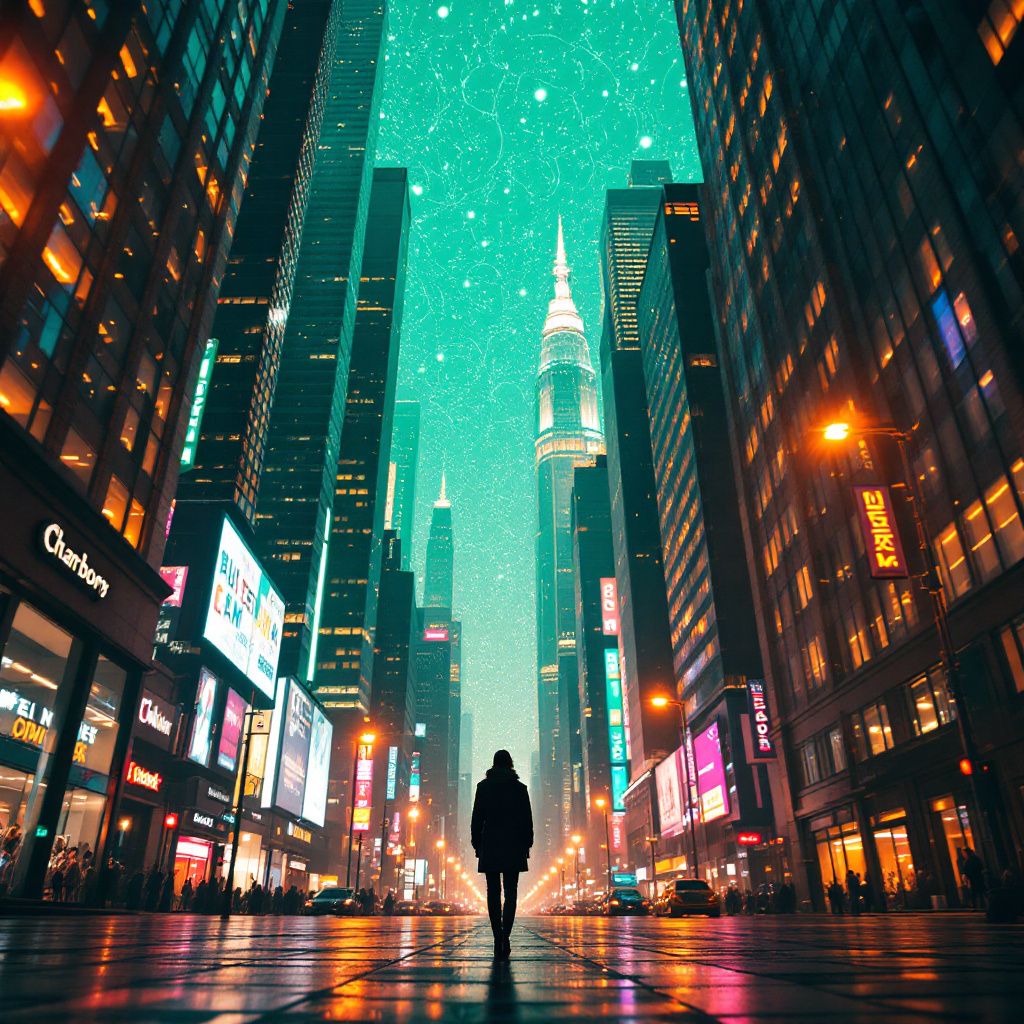 Dubstep AI Album Cover — Vibrant cityscape bathed in rhythmic light patterns, surreal urban style, low-angle composition, neon-lit ambiance in vivid colors, sharp focus, detailed and immersive masterpiece