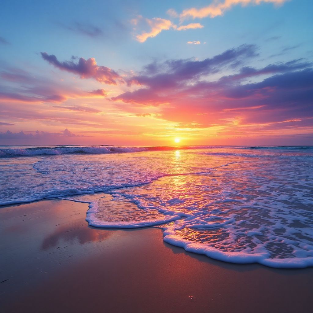 J-Pop AI Album Cover — A serene beach with gentle waves, surreal ambiance, vibrant sunset hues, abstract reflections, saturated oranges and purples, high quality, 8k resolution