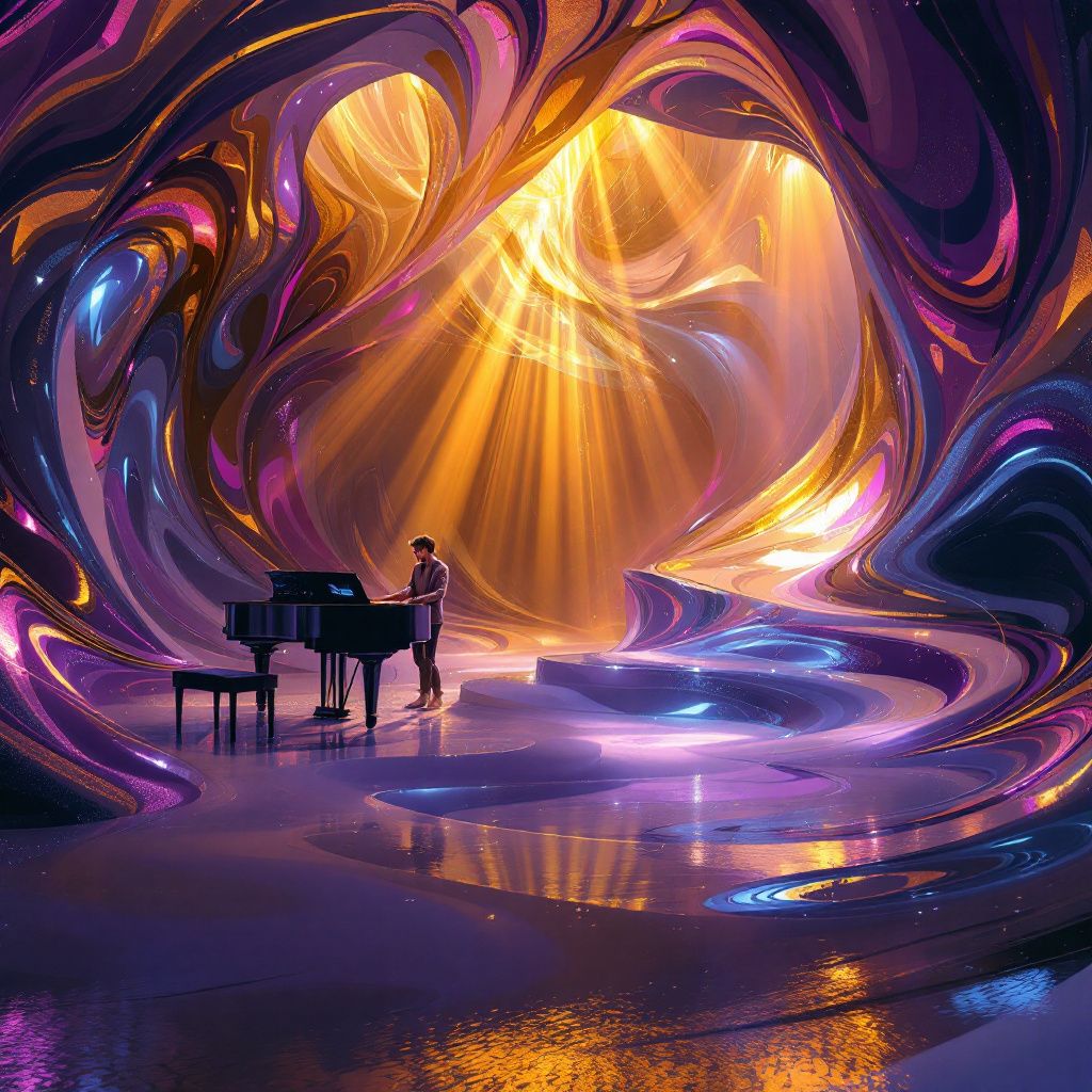 J-Pop AI Album Cover — Artistic portrayal of a music studio, colorful and abstract, vibrant beats visualized, dramatic and vibrant lighting, rich purples and golds, photorealistic, 8k quality