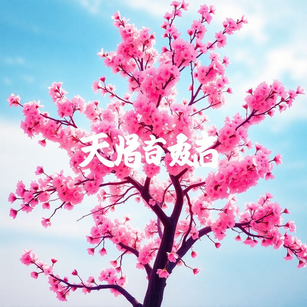 J-Pop AI Album Cover — A vibrant J-Pop album cover featuring a stylized cherry blossom tree in full bloom, softly glowing against a pastel blue sky; the title "嵐仪" elegantly integrated into the branches, using handwritten calligraphy, ethereal lighting, surreal and dreamy atmosphere, highly detailed, 8k resolution