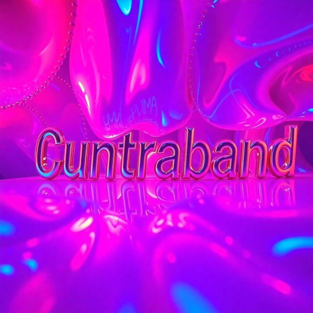 R&B AI Album Cover — A vibrant, abstract album cover for 'Cuntraband', featuring a close-up of a striking, surreal representation of the theme with neon colors, glossy textures, and glossy typography; bright pinks and purples dominate the palette, with ethereal lighting creating an intoxicating atmosphere, highly detailed and photorealistic, 8k quality