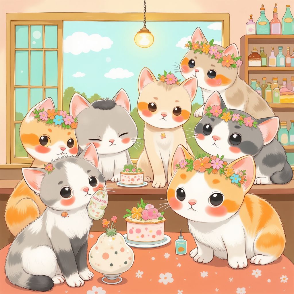 J-Pop AI Album Cover — A whimsical J-Pop album cover featuring a playful cat cafe filled with colorful cats wearing floral crowns; bright pastel colors, dreamlike atmosphere, vibrant lighting, intricate details; illustration style reminiscent of kawaii culture, 8k resolution, lively and cheerful mood