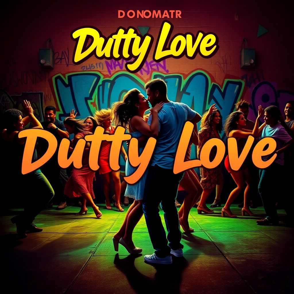 Reggaeton AI Album Cover — A vibrant reggaeton album cover featuring a lively dance scene with couples dancing energetically; colorful graffiti background, bold typography with the title "Dutty Love" integrated into the design; high contrast colors, warm lighting, 8k resolution, highly detailed, capturing the energetic and passionate vibe of reggaeton