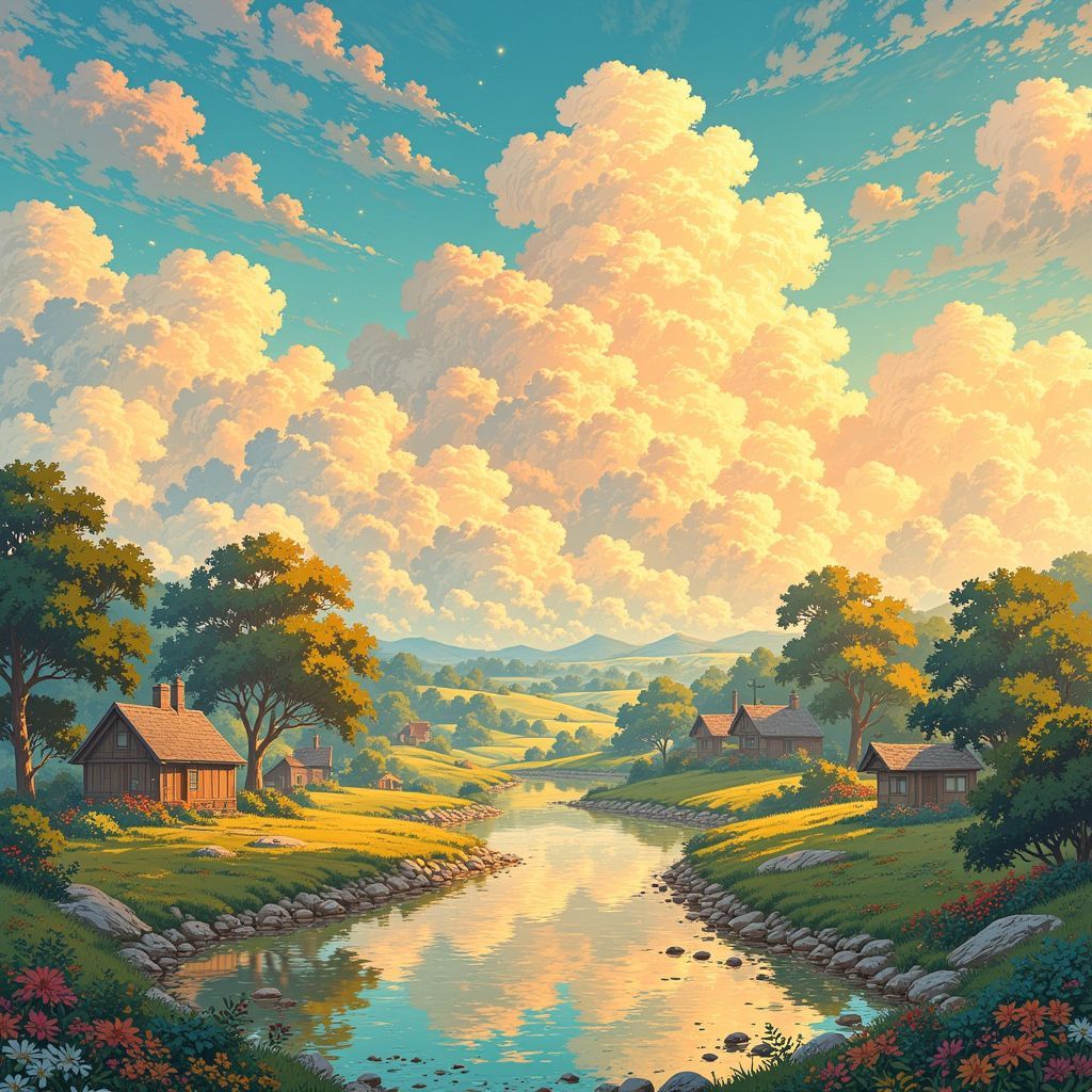 Lo-Fi AI Album Cover — A dreamy lo-fi album cover featuring a serene landscape with soft, fluffy clouds glowing in warm golden tones; whimsical trees and a tranquil river reflecting the sky, ethereal lighting and a calming atmosphere, pastel color palette, highly detailed Ghibsky illustration style, 8k resolution.