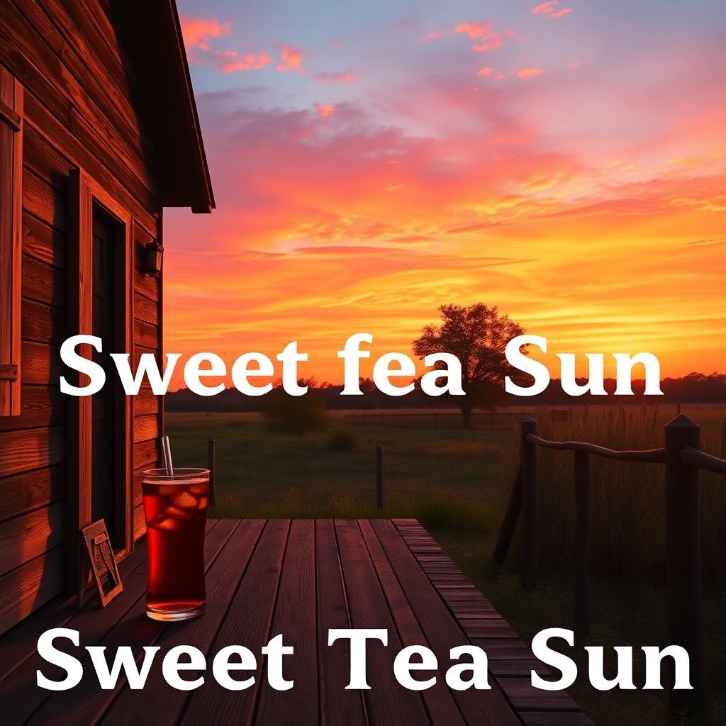 Country AI Album Cover — A serene rural scene at sunset, featuring a rustic wooden porch with a glass of sweet tea and a gentle breeze rustling the leaves; vibrant orange and pink skies, clear and bold typography for the title "Sweet Tea Sun" integrated, dreamy atmosphere, photorealistic, 8k resolution, highly detailed imagery