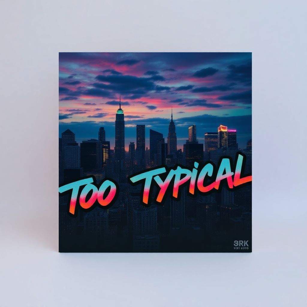 Hip-Hop AI Album Cover — A dynamic hip-hop album cover featuring a vibrant city skyline at dusk, with graffiti art depicting the words "Too Typical" in bold colors; layered textures and urban elements create an energetic vibe, highly detailed and photorealistic, mood lighting with neon accents, 8k resolution.