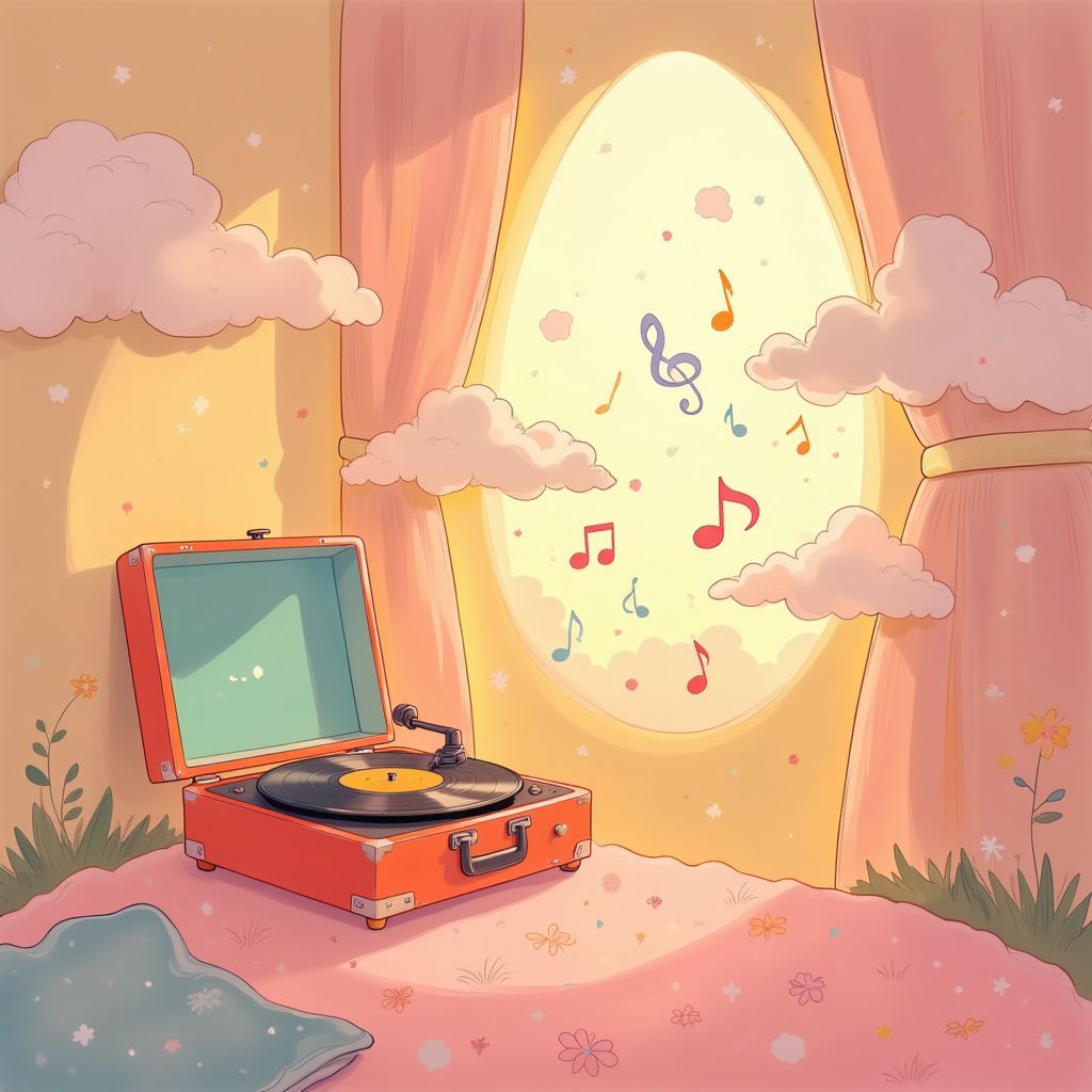 Lo-Fi AI Album Cover — A whimsical illustration of a cozy room filled with soft clouds and warm light; a vintage record player spinning with colorful notes floating around; dreamy pastel colors of pink and yellow, ethereal lighting, highly detailed, relaxing and nostalgic atmosphere, 8k resolution