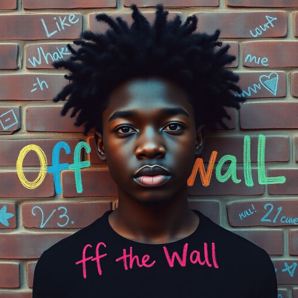 Pop AI Album Cover — A vibrant pop album cover featuring a black young man with puffy hair against a textured brick wall, creative chalk writings scattered across the bricks; the title "Off the Wall" creatively integrated into the design with colorful, playful typography, moody lighting with a warm palette, highly detailed, 8k resolution.