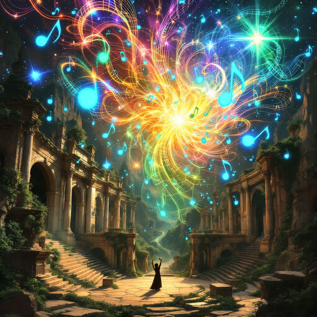 Classical AI Album Cover — a surreal composition with floating musical notes above an ancient amphitheater, vibrant and psychedelic style, bright colors including electric blue and luminous green, highly detailed, 8k resolution