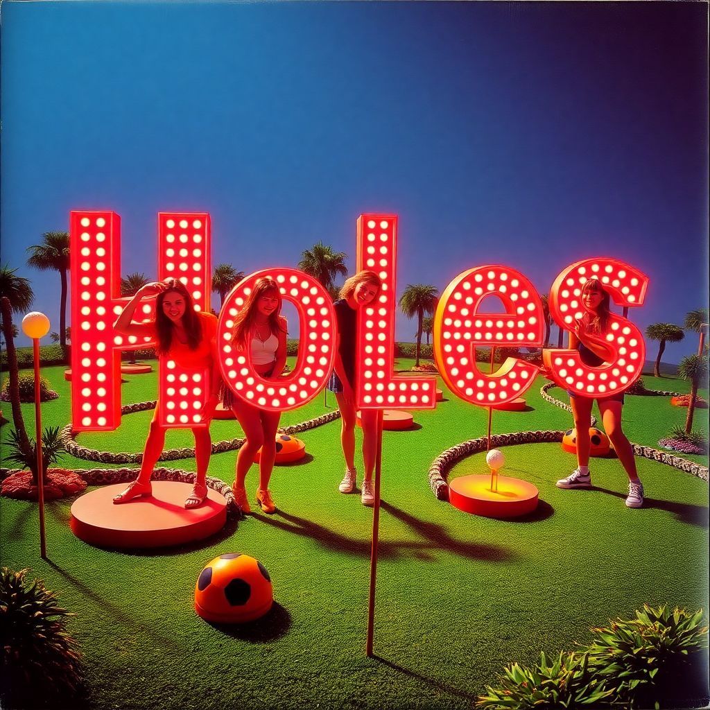 Americana AI Album Cover — A vibrant 80s-inspired album cover featuring a suggestive miniature golf course with whimsical hazards, young coeds in colorful, playful poses, prominently display the title "Holes" in bold neon font; cinematic lighting, retro aesthetic, highly detailed, saturated colors, playful atmosphere