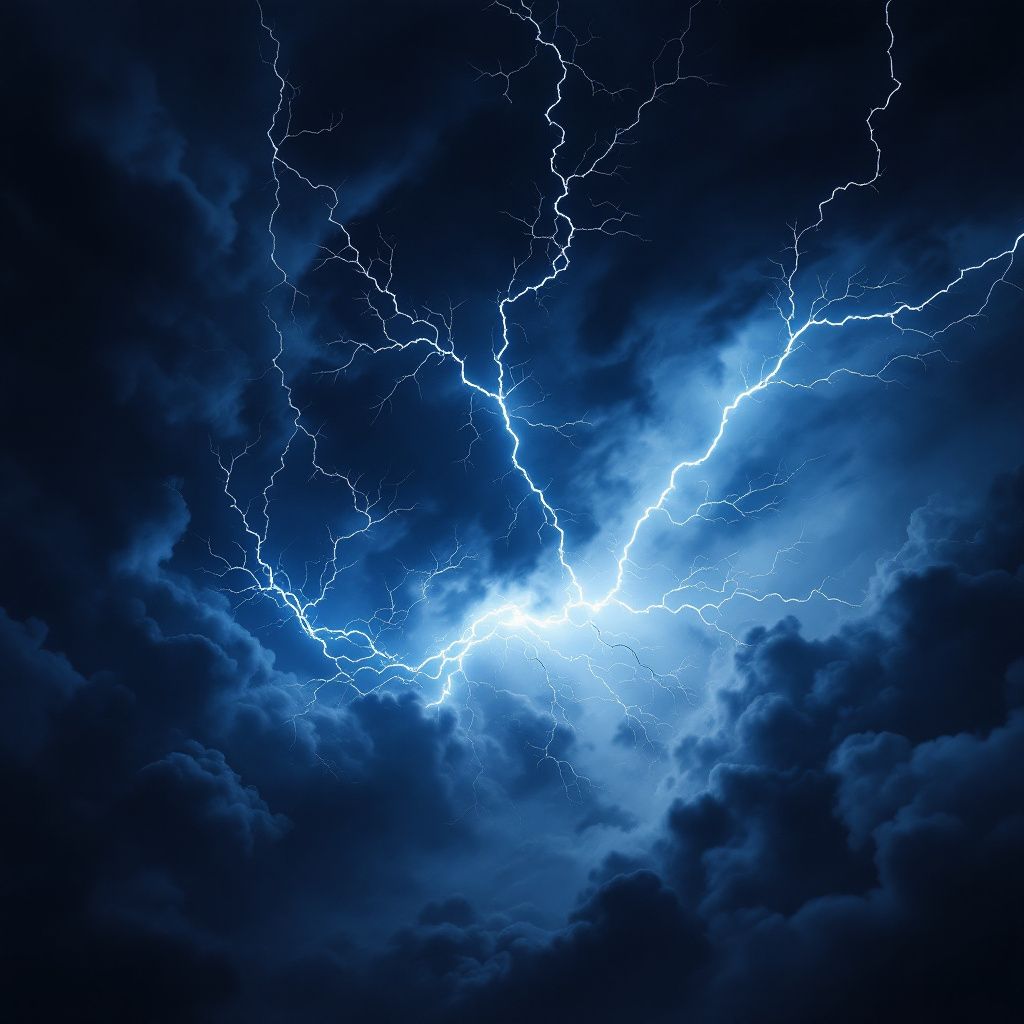 Dubstep AI Album Cover — Surreal vision of a stormy sky with dubstep beats visualized as lightning patterns, dramatic and moody rendition, wide-angle shot, monochrome with blue accents, photorealistic and atmospheric