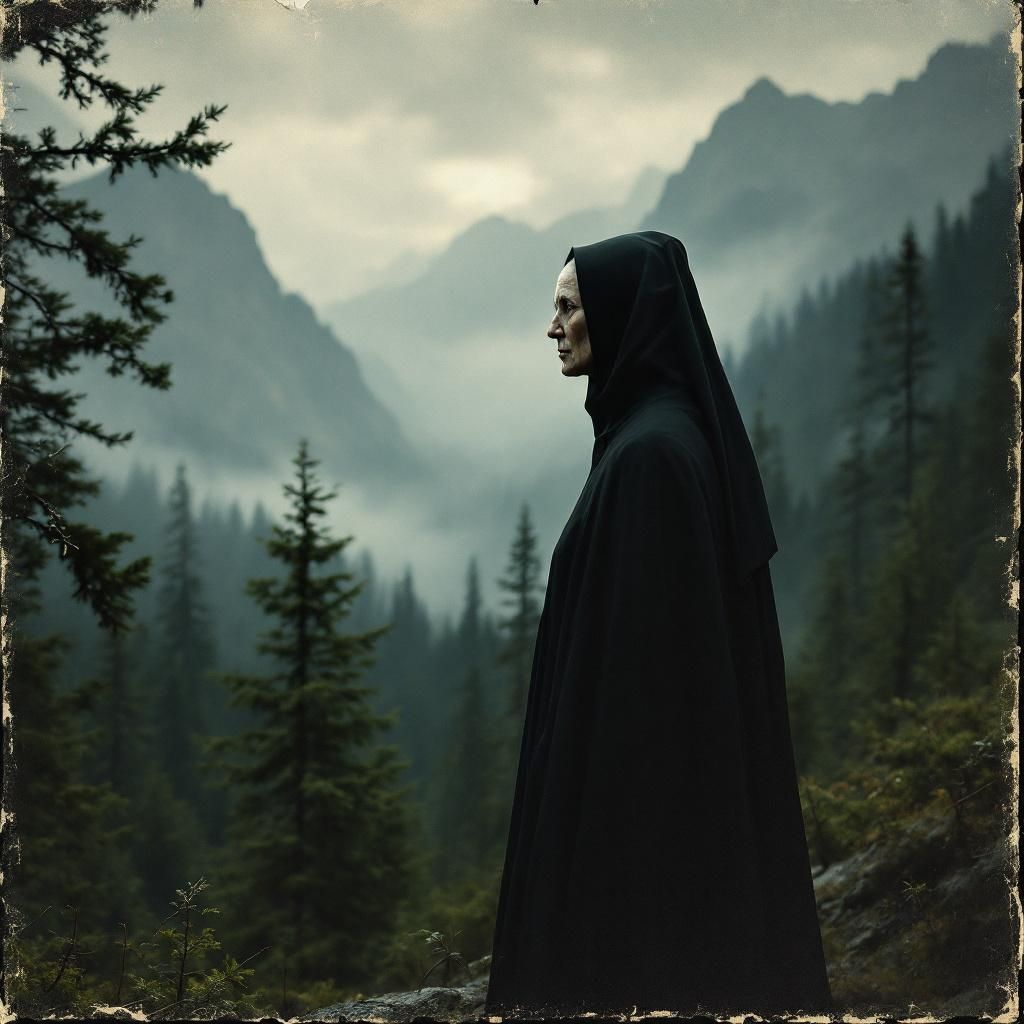 Metal AI Album Cover — A VHS-style album cover featuring an old woman dressed in all black resembling the Pope, standing in an expansive mountain landscape surrounded by dense trees; side angle perspective, atmospheric lighting with a misty background, dark tones contrasted with faded vintage colors, medieval black metal lettering of 'IVROS' in the corner, highly detailed, professional quality