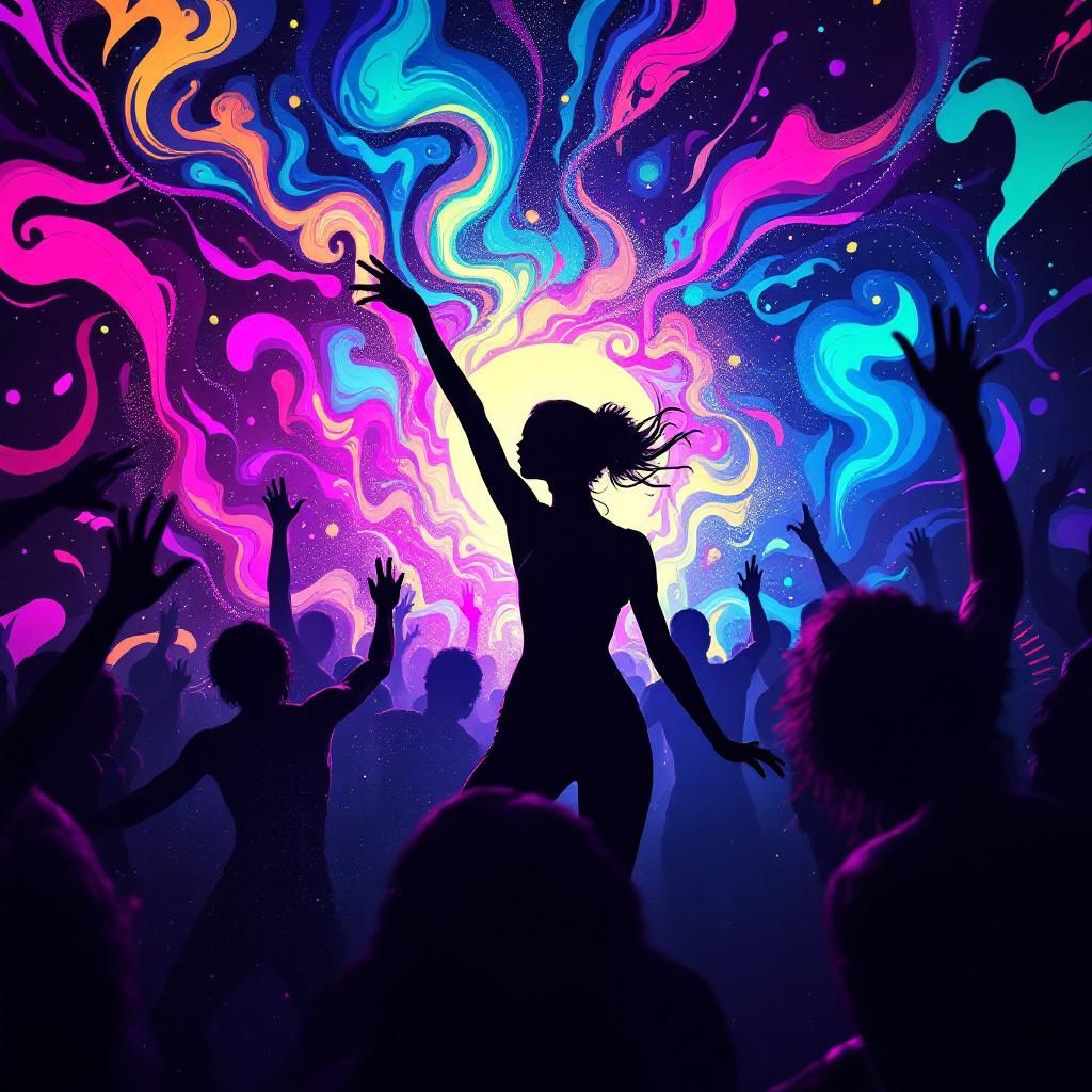 Funk AI Album Cover — A vibrant funk album cover featuring a stylized silhouette of a dancer in a club, surrounded by swirling neon colors; psychedelic imagery with abstract shapes and patterns, sharp focus, 8k resolution, dynamic lighting creating an energetic atmosphere, a blend of deep purples, blues, and pinks, highly detailed and playful