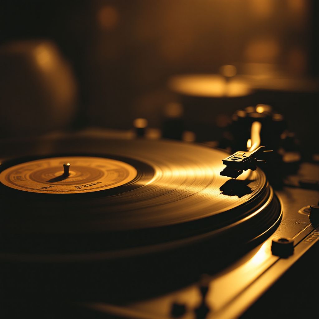 Blues AI Album Cover — Old vinyl record spinning on a turntable in a dim room, nostalgic blues aesthetic, sepia tone, subtle texture, masterpiece level of detail, 8k resolution, close-up shot