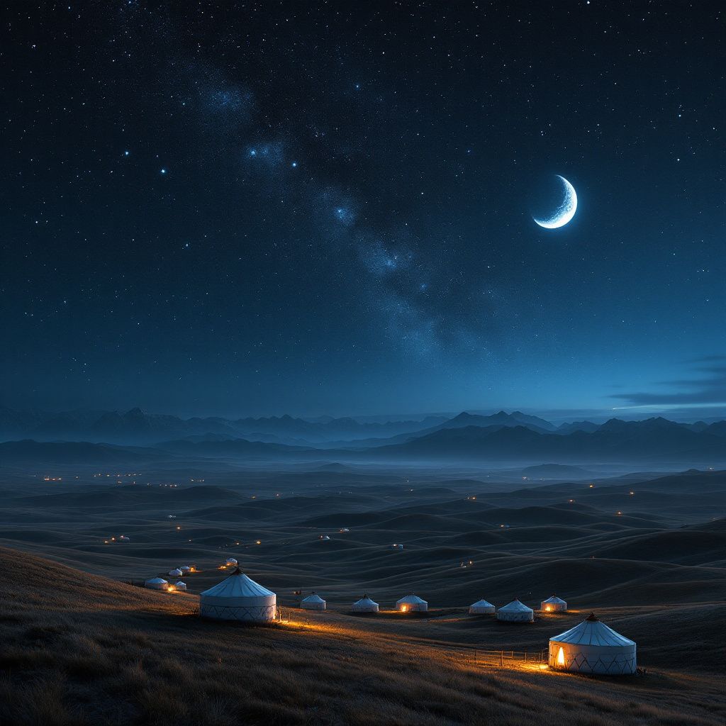 World AI Album Cover — Scenic Mongolian plains with yurts under a starry night, ethereal atmosphere, soft silvery moonlight, black, white, and blue palette, highly photorealistic, 8k resolution, professional