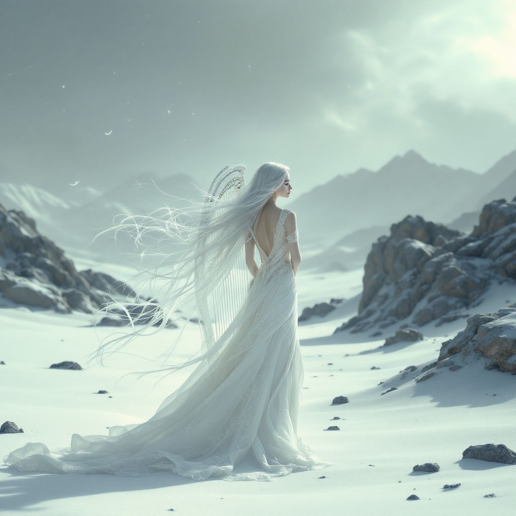 Classical AI Album Cover — a serene harp player in a vast white desert, dreamlike and minimalistic, soft ambient lighting, pale cream and white palette, 8k resolution, professional look