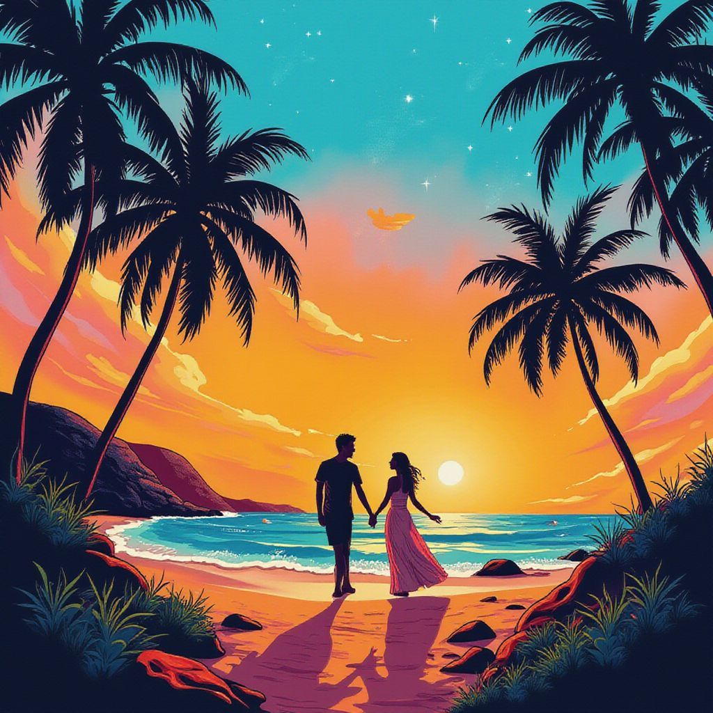 Reggae AI Album Cover — A vibrant half-illustrated album cover for reggae, featuring a tropical beach scene merging with hand-drawn elements; a sunset blending warm oranges and cool blues, a silhouette of a couple dancing, palm trees softly swaying, inviting atmosphere; artistic, hand-drawn style, 8k resolution, ethereal lighting, joyful and nostalgic feel
