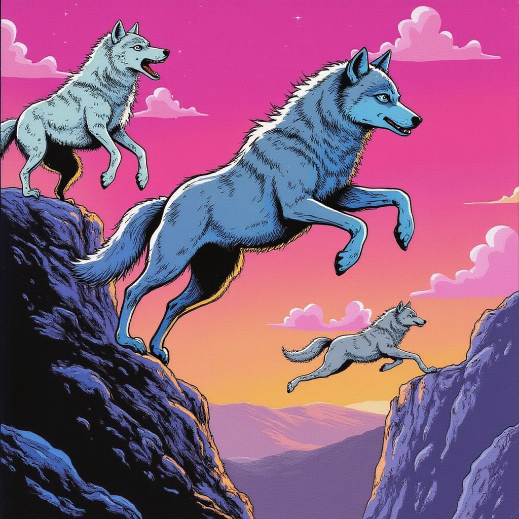 Punk AI Album Cover — Hand-drawn punk album cover featuring three wolves mid-air as if cliff jumping, each with intense, rebellious expressions, white and grey fur with vibrant blue highlights; dynamic and surreal composition, blending a realistic rocky cliff with an illustrated sky in vivid pink and orange; highly detailed, dramatic shadows and highlights, ethereal and moody atmosphere, 8k resolution, professional quality
