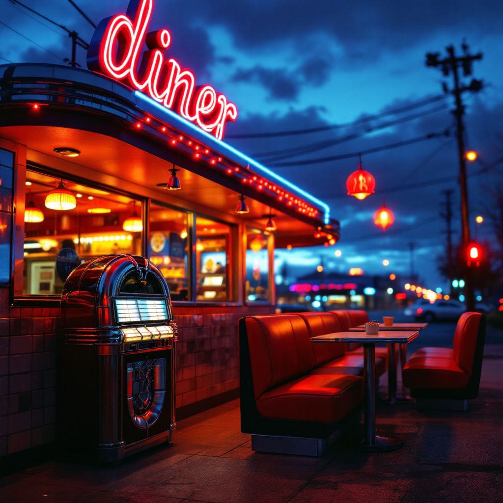 Americana AI Album Cover — A nostalgic diner scene with neon lights, classic Americana aesthetic, close-up of a jukebox, moody lighting, vibrant red and blue palette, photorealistic detail, professional album cover quality.
