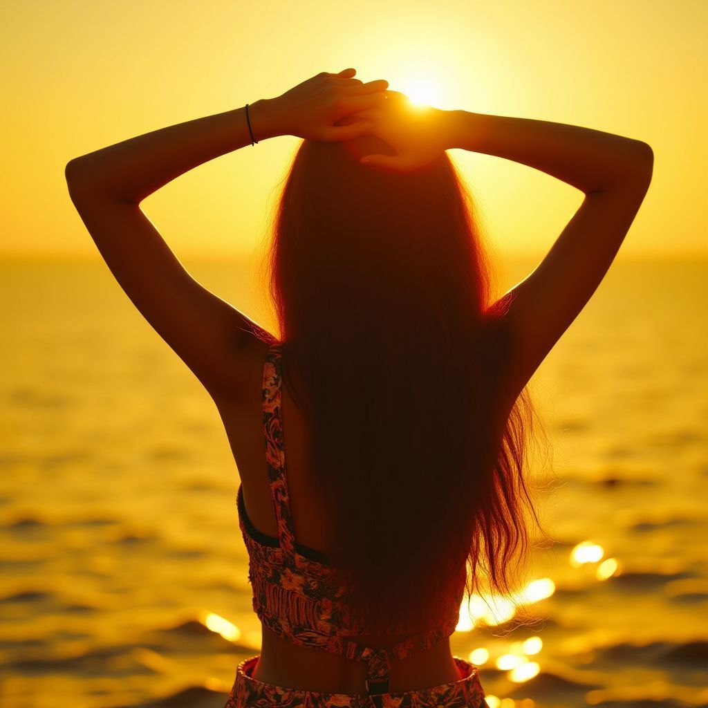 R&B AI Album Cover — A photorealistic album cover featuring a woman with long dark brown hair, standing with her back to the viewer, olive-toned skin glowing against the sunlight; hands raised above her head, with a shimmering water background tinted yellow; summer vibes, ethereal lighting, highly detailed 8k resolution, vibrant and warm colors