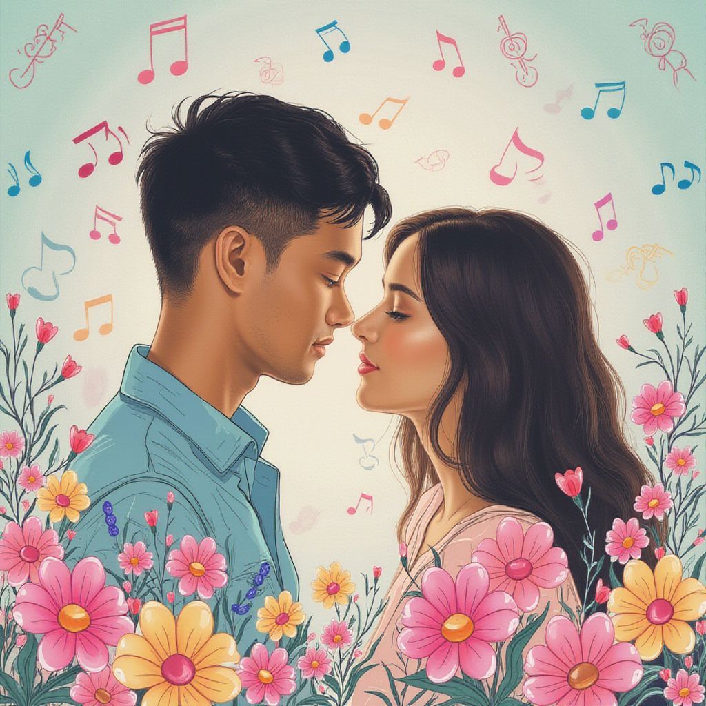 Classical AI Album Cover — An ethereal album cover with a half-illustrated romantic scene, depicting a couple gazing into each other's eyes amidst a dreamy, soft-focus background of floating musical notes and flowers; vibrant pastel colors, cinematic lighting, 8k resolution, capturing love and longing, whimsical hand-drawn elements, TOK aesthetic