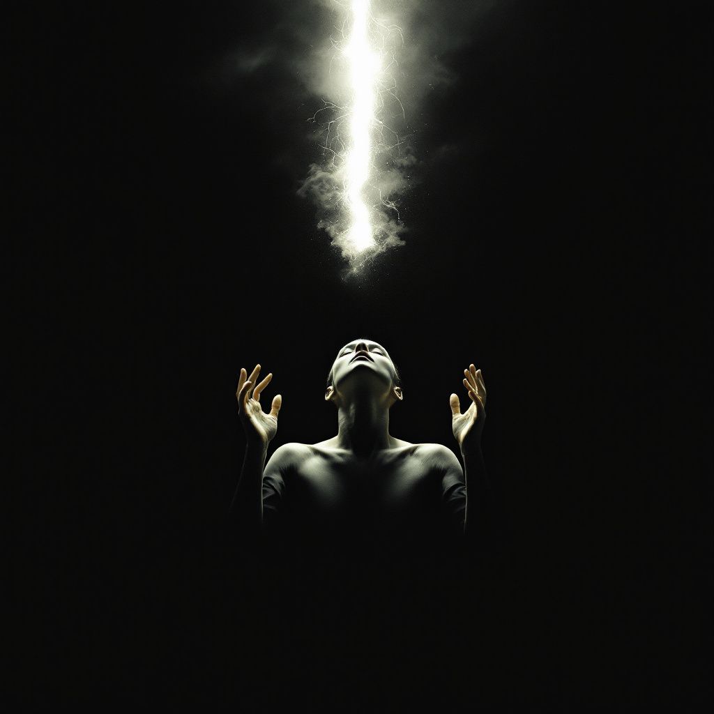 Gospel AI Album Cover — Skyward hands reaching for divine light, abstract interpretation, minimalist style, focused spotlight, contrasting light and shadow, muted whites and silvers, highly detailed, 8k quality