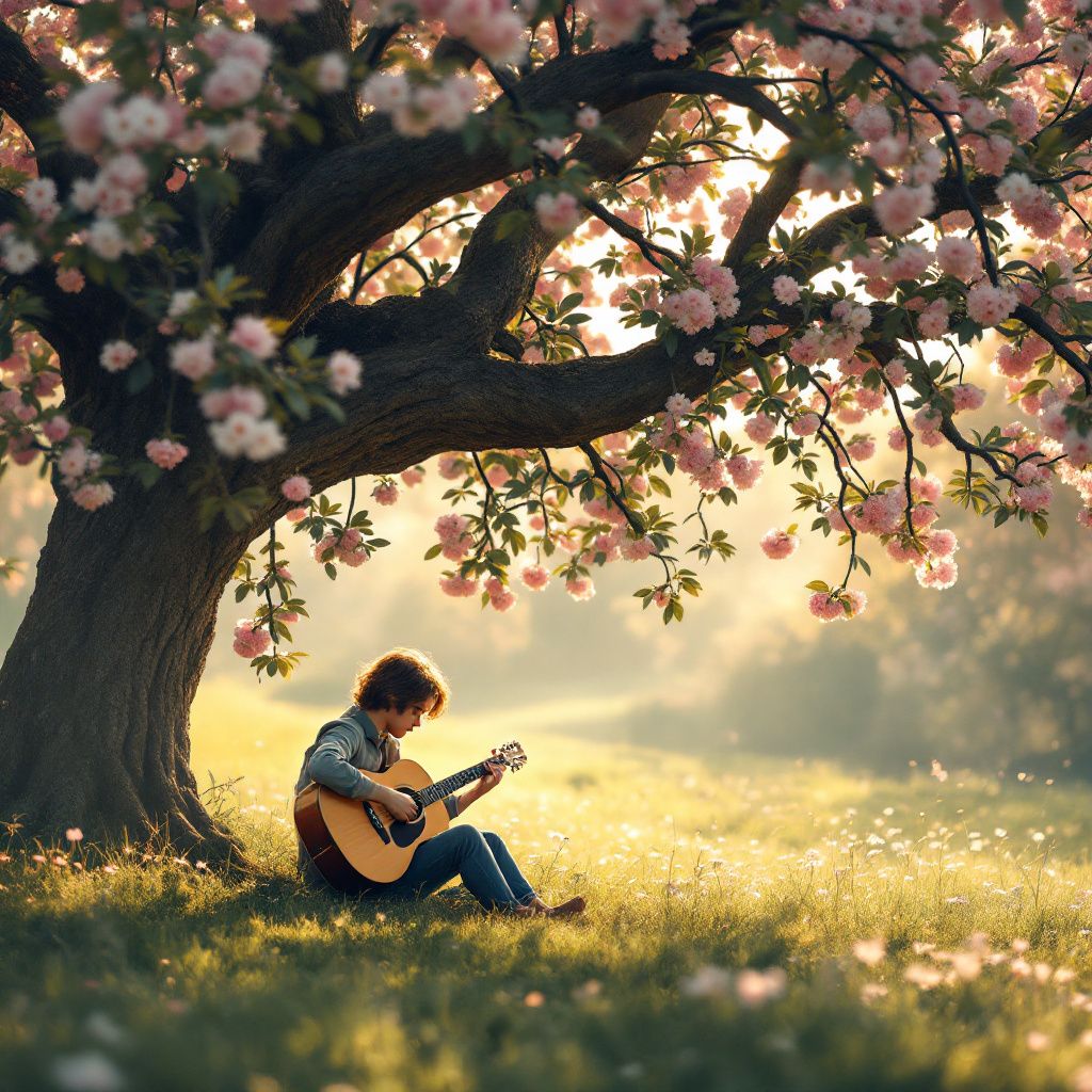 Folk AI Album Cover — A pastoral scene with a lone acoustic guitarist under a blooming apple tree, in the style of serene naturalism, morning light filtering through leaves, muted earth tones, highly detailed, photorealistic quality, quiet and peaceful atmosphere