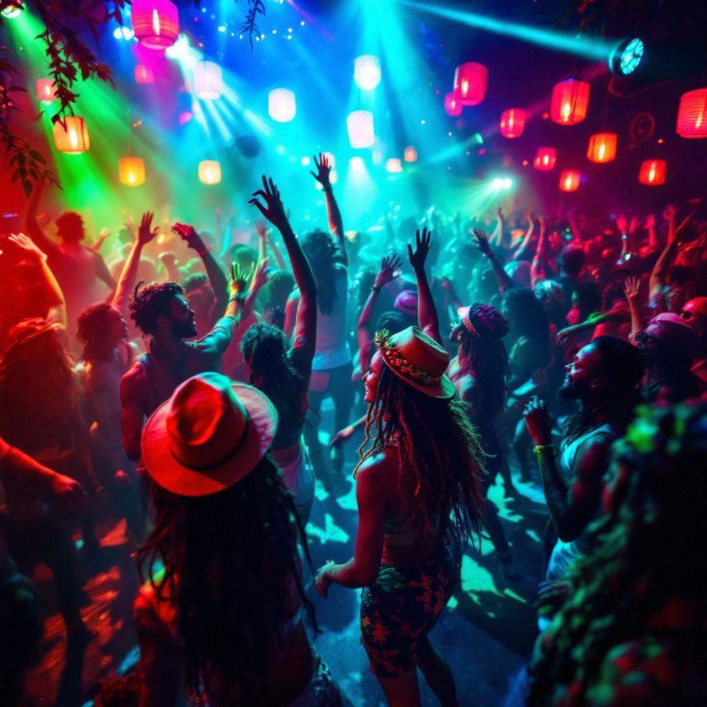 Reggae AI Album Cover — Cinematic scene of a reggae dance under colorful lights, dynamic movement, rich reds and blues, glowing ambient light, vibrant and energizing, highly detailed, 8k clarity.
