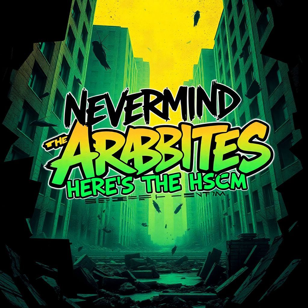 Punk AI Album Cover — A gritty punk album cover featuring bold graffiti-style lettering with the title "Nevermind The Arbites Here's The Hive Scum" prominently displayed, a fragmented urban landscape in the background; chaotic energy expressed through sharp angles, a vibrant color palette of neon greens and yellows, high contrast lighting giving it a rebellious feel, 8K resolution, highly detailed and vividly expressive design.