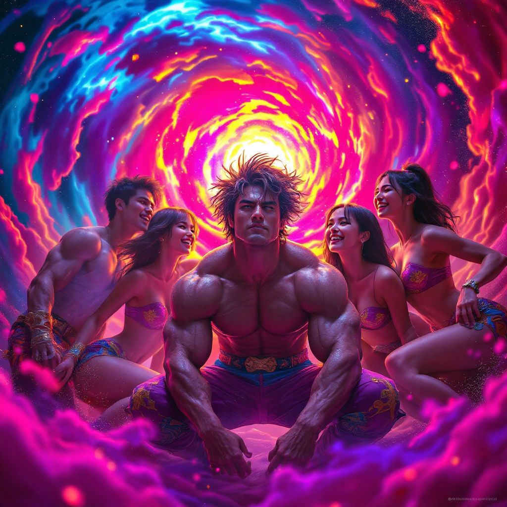 K-Pop AI Album Cover — A vibrant K-pop album cover featuring energetic, muscular figures with cute girls surrounded by swirling warm colors; cinematic lighting, high saturation, with droplets of sweat reflecting light; dynamic poses and expressions captured in photorealistic detail, 8k resolution; lively and electrifying atmosphere, highly detailed artwork