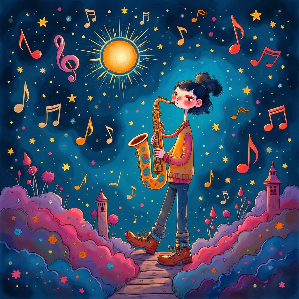 Jazz AI Album Cover — A whimsical jazz album cover with an abstract saxophonist playing under a starlit sky; colorful notes swirl around in a psychedelic pattern, creating a surreal atmosphere; vibrant blues, golds, and purples, captured in high-quality, WHMSCPE001 style illustration, 8K resolution, highly detailed and atmospheric