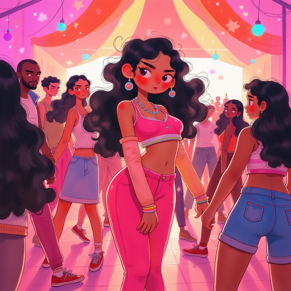 Reggaeton AI Album Cover — A vibrant and colorful reggaeton album cover featuring a lively dance scene with a young woman in a pink outfit dancing provocatively, surrounded by swirling neon lights and a lively crowd; whimsical illustration style, energetic atmosphere, warm color palette with pinks and oranges, high detail, 8k resolution