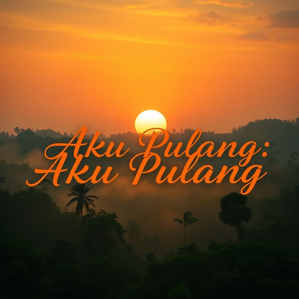 R&B AI Album Cover — A vibrant album cover for 'Aku Pulang' featuring a sunset over a lush Borneo forest, with mist curling through trees; the title "Aku Pulang" integrated in a warm, flowing script. Ethereal lighting, rich greens and warm oranges, highly detailed, 8k resolution, creating an emotional and serene atmosphere.