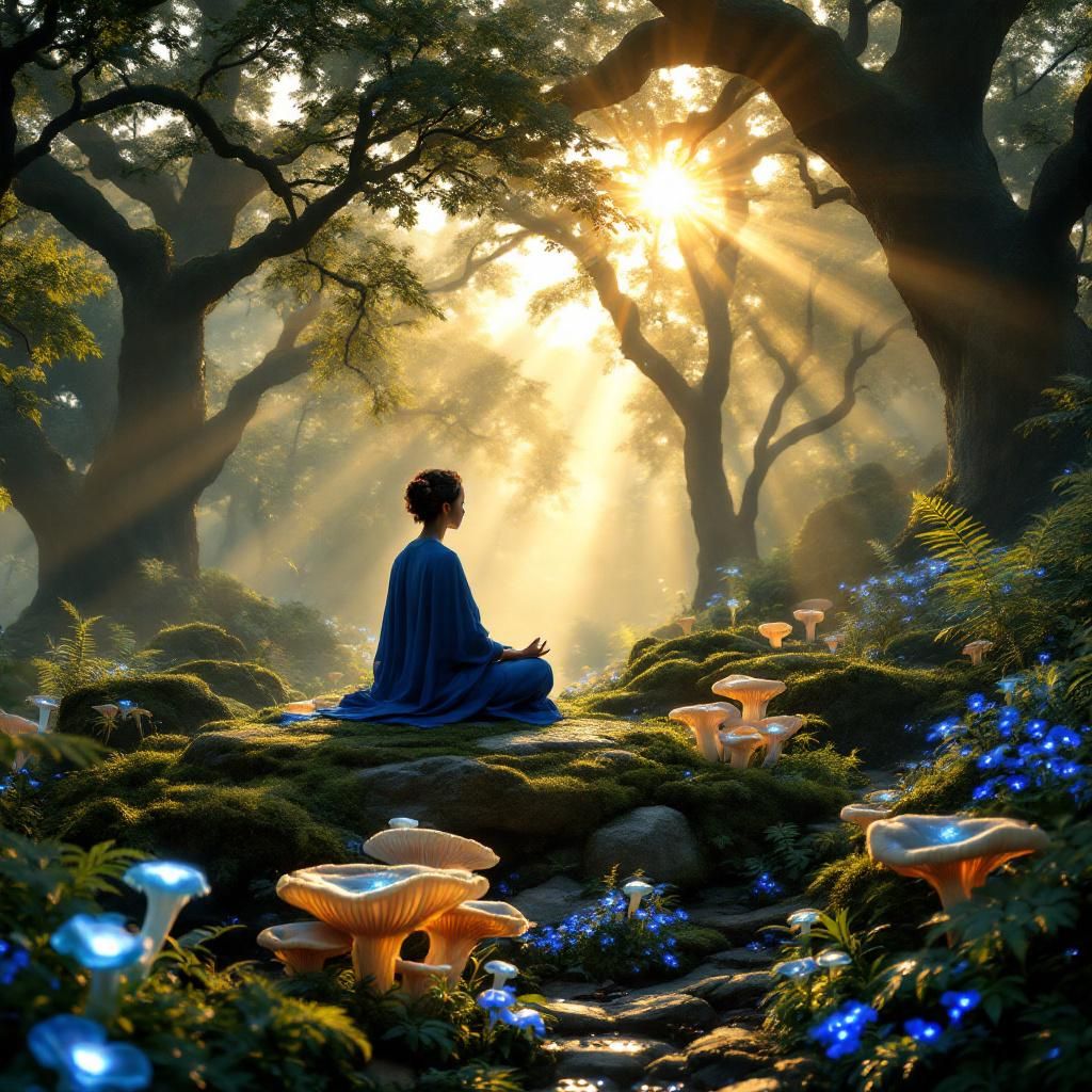 Meditation AI Album Cover — A serene meditation album cover featuring a tranquil figure meditating in a sunlit forest, surrounded by soft, flowing light; ethereal and dreamy atmosphere, vibrant colors reflecting nature, highly detailed and photorealistic, 8k resolution, calming and inviting feel