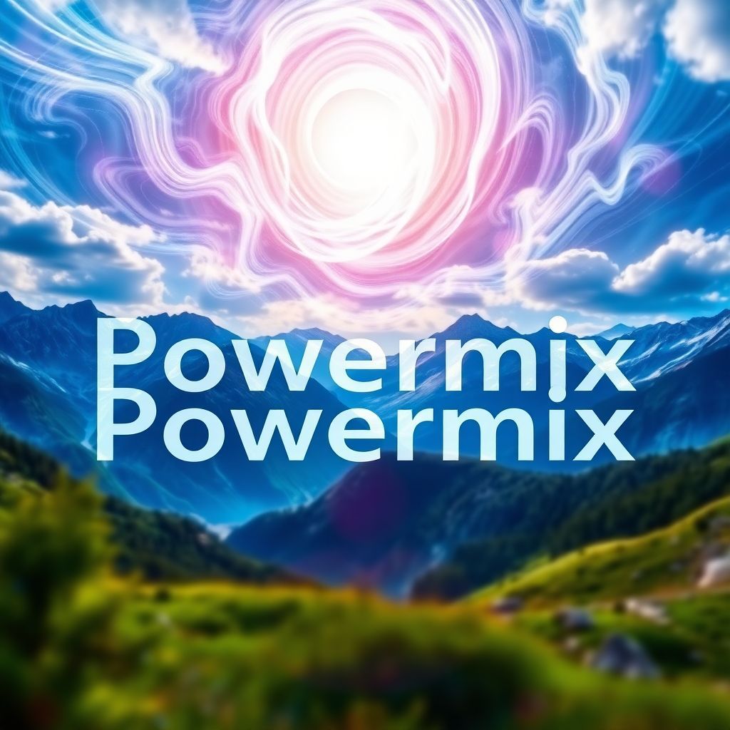 Dubstep AI Album Cover — A stunning album cover for 'Powermix', featuring beautiful mountains under a magical sky, with swirling lights reflecting dubstep beats; psychedelic visuals, vibrant color palette of blues and purples, high-quality 8k, clear integration of the title, dreamy and ethereal atmosphere.