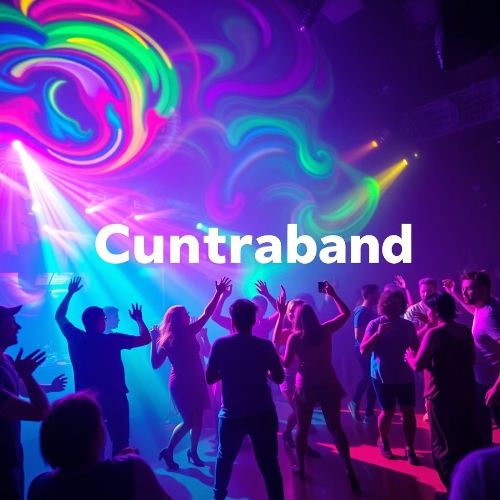 Soundtrack AI Album Cover — A vibrant psychedelic album cover titled "Cuntraband", featuring abstract, swirling neon colors in a club scene; silhouettes of people dancing with dynamic movements, high energy and excitement, soft glowing lights, photorealistic details, immersive atmosphere, 8k resolution.