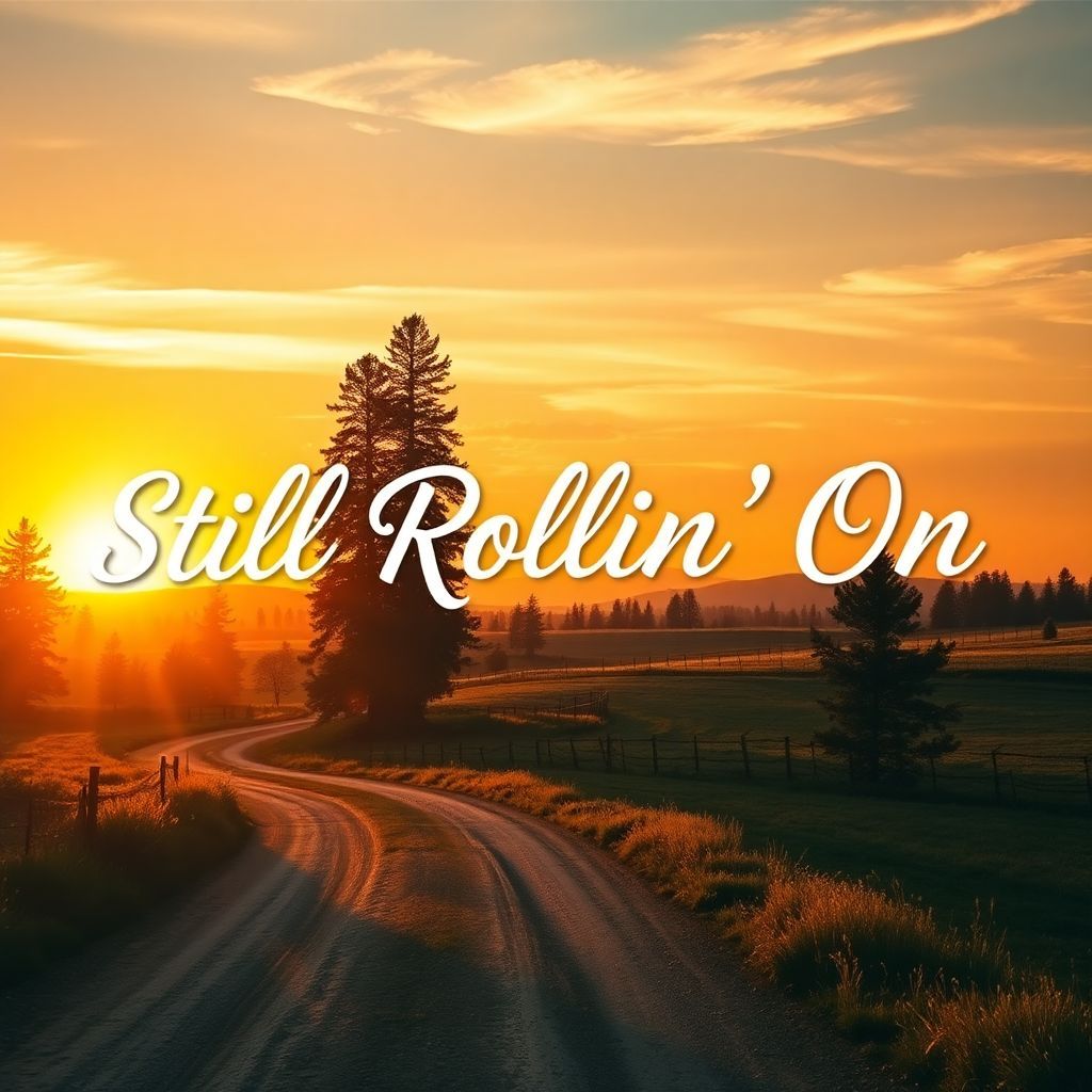 Country AI Album Cover — A serene country landscape at sunset, with winding dirt roads and tall pine trees; the title "Still Rollin' On" elegantly integrated in flowing script across the sky, warm golden tones, dreamy atmosphere, highly detailed, 8k resolution, evoking nostalgia and connection with nature.