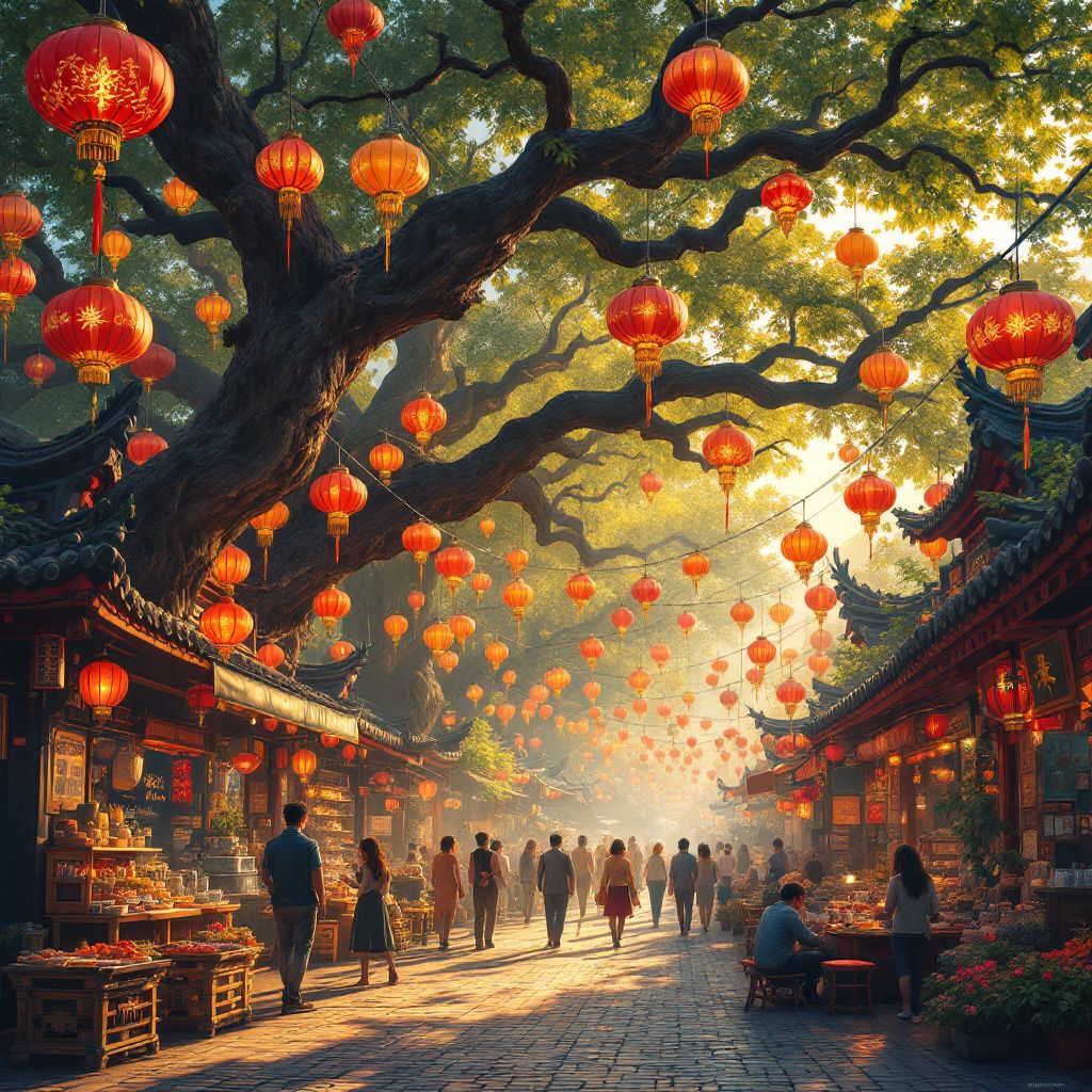 World AI Album Cover — A bustling Asian street market with colorful lanterns overhead, lively and vibrant, warm evening glow, mix of reds, golds, and blues, detailed and lively, cinematic feel 8k resolution